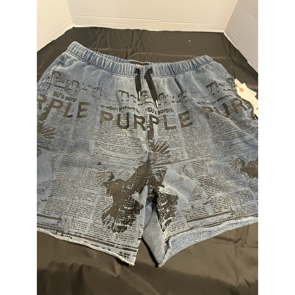 Purple Brand MWT Men Fleece Shorts In Blue Vintage Print Terry XXL Raw Hem New